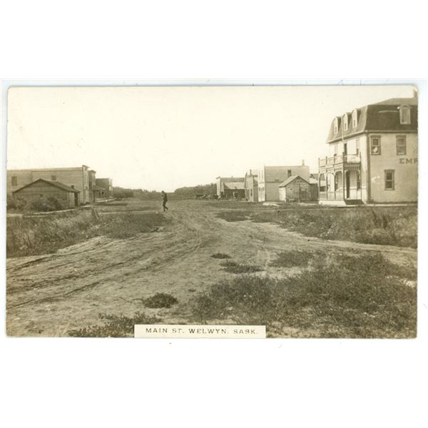 1914 RPPC – “Main St. Welwyn, Sask”.  Posted