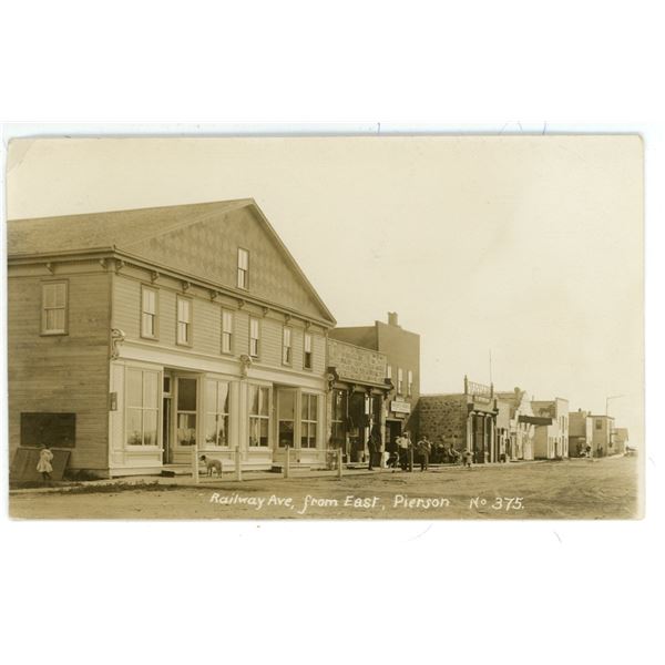 Vintage RPPC – “Railway Ave, from East, Pierson.  No. 375”.  Pierson, MB.