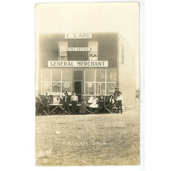 1911 RPPC – General Store & Post Office “Antelope Sask.”.  Posted