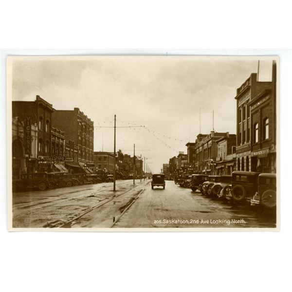 Vintage RPPC – “205. Saskatoon, 2nd Ave Looking North.”  Saskatoon, Sask.