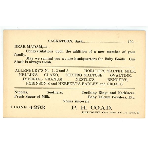 1920’s Saskatoon, Sask Advertisement Post Card