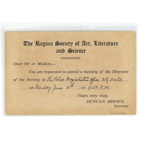 1910 Post Card from The Regina Society of Art, Literature, and Science.  Posted.