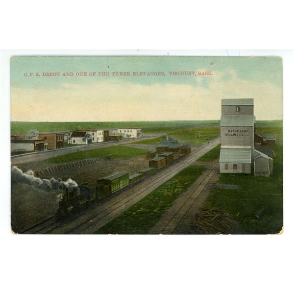 1912 Post Card – “C.P.R. Depot and One of the Three Elevators.  Viscount, Sask.[x=