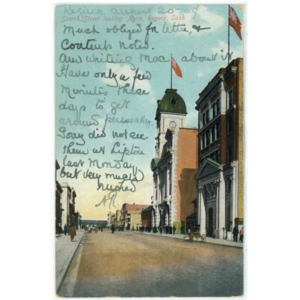 1909 Post Card – “Scarth Street Looking North, Regina, Sask.”  Posted.