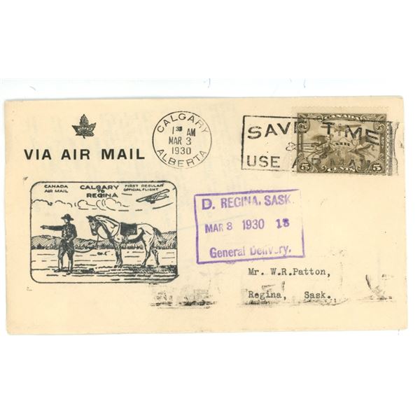 1930 SEALED Posted Airmail Envelope.  Calgary, AB to Regina, SK.  Looks like it might be a newspaper