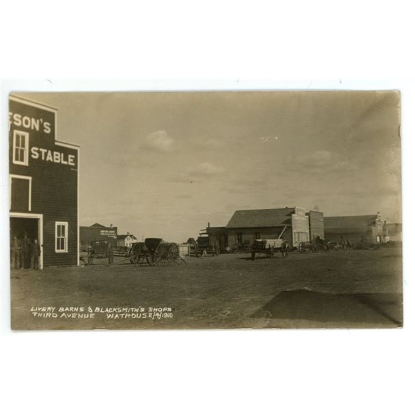 1910 RPPC – “Livery Barns & Blacksmith’s Shops.  Third Avenue.  Watrous 2