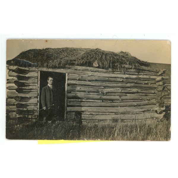 RPPC – Sod Roof Log Shack.  Posted at Saltcoats, Sask.  Dec 24, 1908.