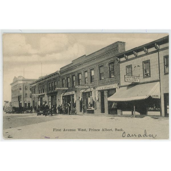 1909 Post Card – “First Avenue West, Prince Albert, Sask.”  Posted.