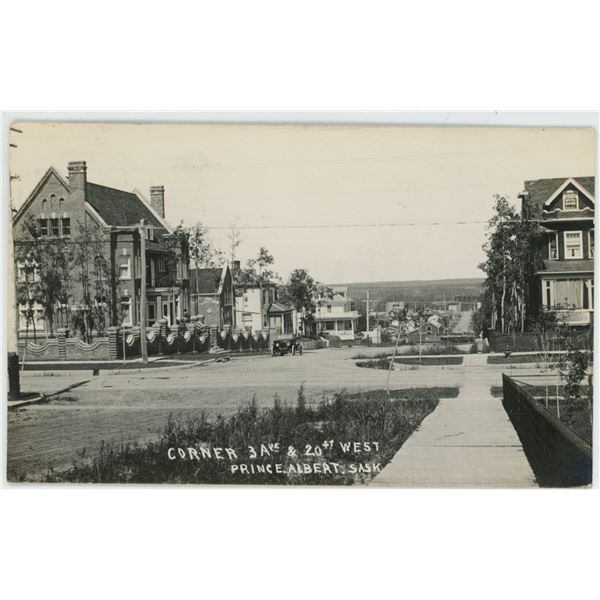 1913 RPPC – “Corner 3 Ave & 20 St West.  Prince Albert, Sask.”  Posted.