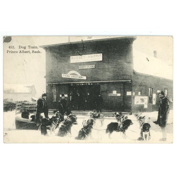 1908 Post Card – Massey-Harris Bldg.  “Dog Train, Prince Albert, Sask.”  