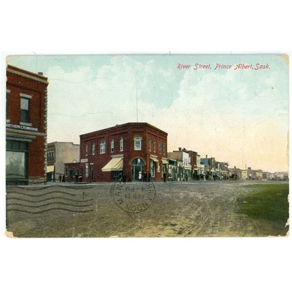 1912 Post Card – “River Street, Prince Albert, Sask.”  Posted.