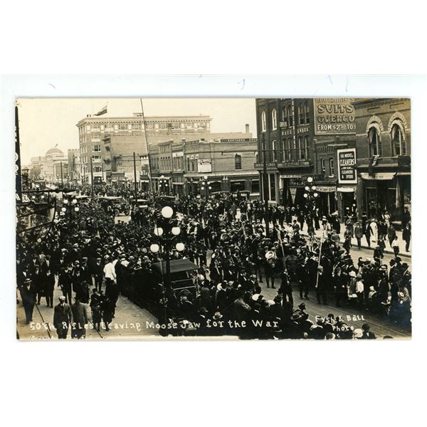 1916 WWI RPPC – “50th Rifles Leaving Moose Jaw for the War”.  Moose Jaw, 