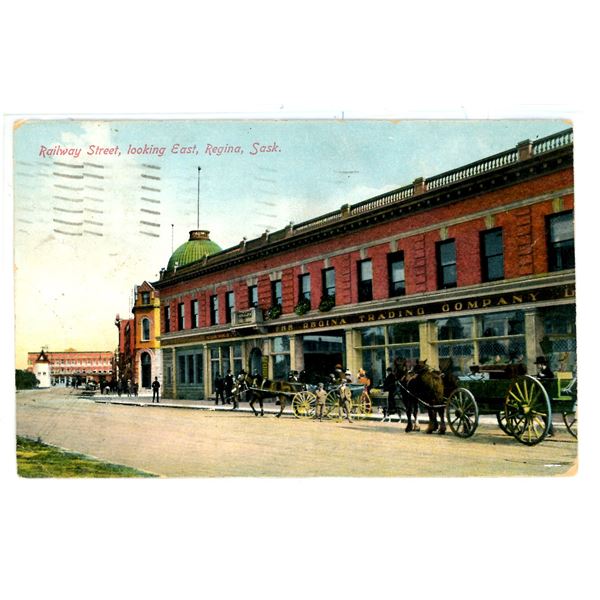 1911 Post Card – “Railway Street, Looking East, Regina, Sask.”  Posted.