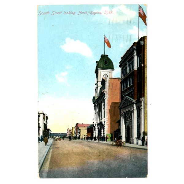 1911 Post Card – “Scarth Street Looking North, Regina, Sask.”  Posted.