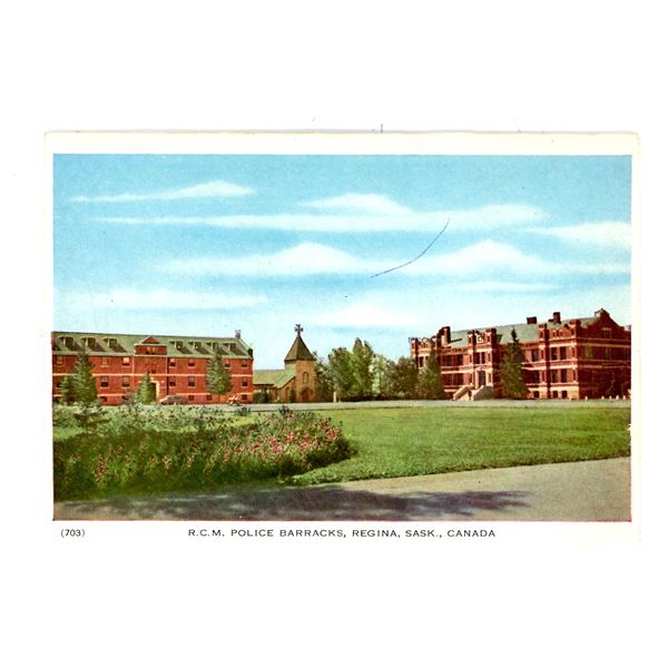1959 Post Card - “R.C.M. Police Barracks, Regina, Sask., Canada”.  Postmarked Shil