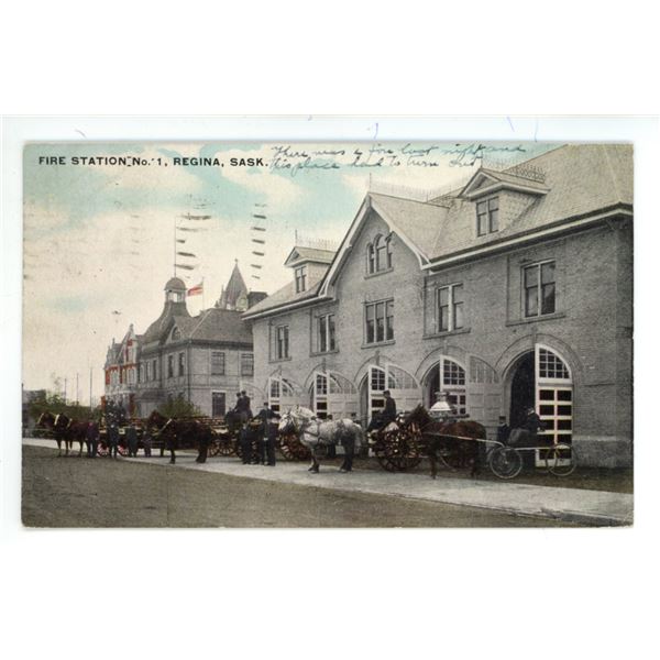 1910 Post Card – “Fire Station No. 1, Regina, Sask.”  Posted.