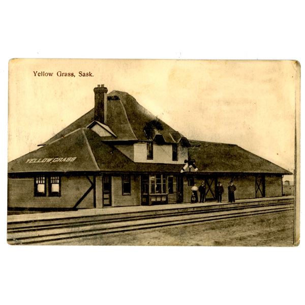 Vintage Post Card – “Yellow Grass, Sask.”  Train Station.