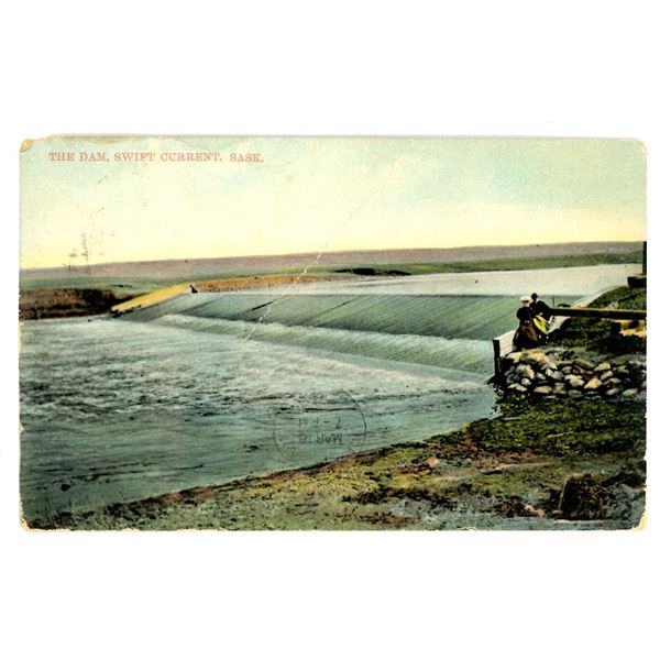 Post Card marked 1910 on back – “The Dam, Swift Current, Sask”.  Posted.