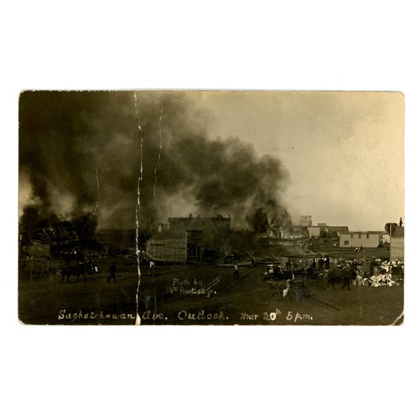 RPPC depicting Fire in Outlook, Sask.  March 20, 1910.  “Saskatchewan Ave.  Outlook.  Mar 2