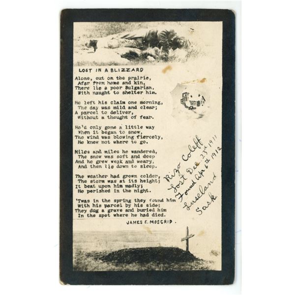 Early 1900’s Postcard – “Lost in a Blizzard” Poem.  Luseland, Sa
