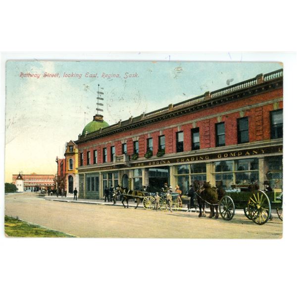 1909 Post Card – “Railway Street, Looking East, Regina, Sask.”  Posted.