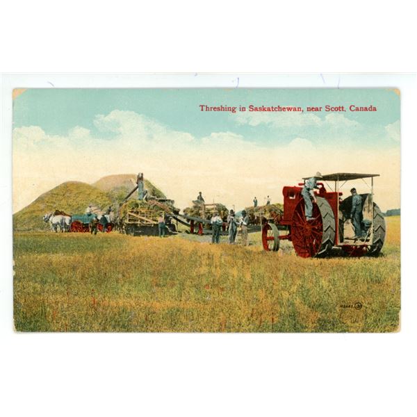 1966 Post Card – “Threshing in Saskatchewan, near Scott, Canada”