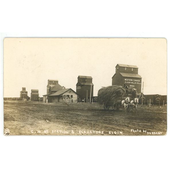 1909 RPPC – “C.N.R. Station and Elevators.  Elgin”, Manitoba.