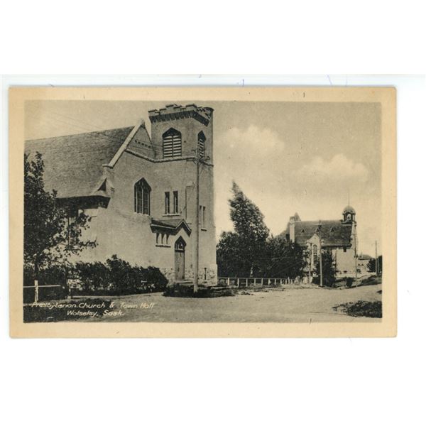 Vintage Postcard - “Presbyterian Church & Town Hall.  Wolseley, Sask.