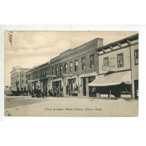 1909 Post Card – “First Avenue West, Prince Albert, Sask.”  Posted.