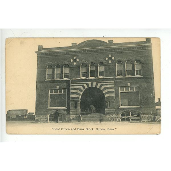 Vintage Post Card – “Post Office and Bank Block, Oxbow, Sask.”