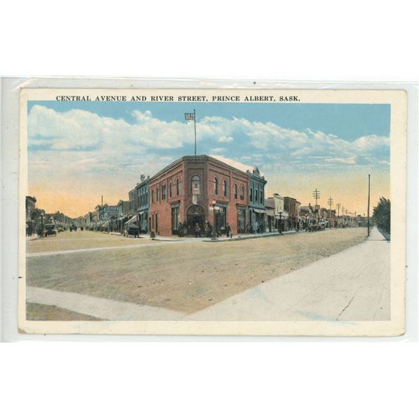 1930 Post Card – “Central Avenue and River Street, Prince Albert, Sask.”
