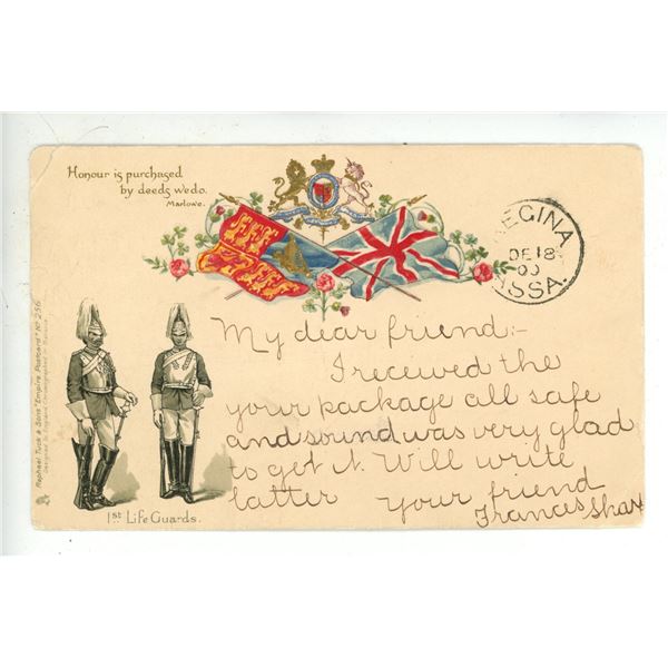 1900 Post Card - Postmarked Pre-Saskatchewan “Regina, ASSA.”  Embossed Flags & Coa