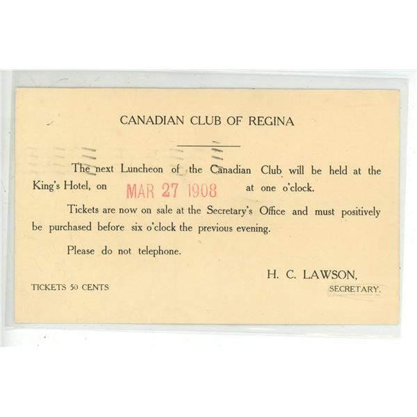 1908 Post Card Invitation to Canadian Club of Regina