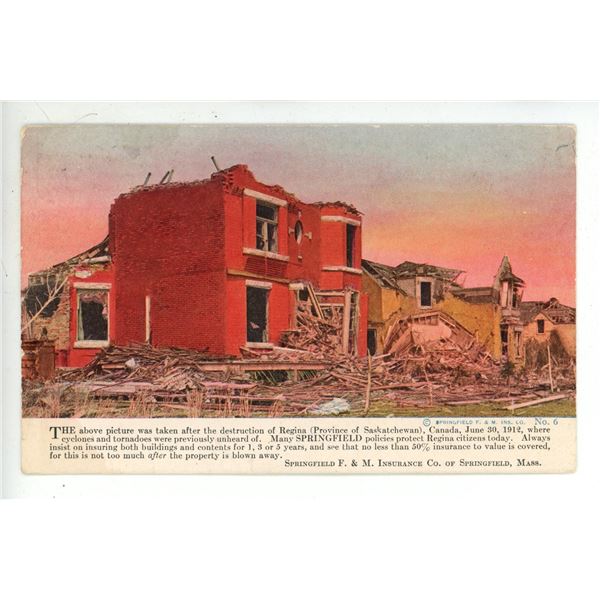 1913 Postcard Ad for Springfield Insurance depicting image of the aftermath of the 1912 Regina, SK C