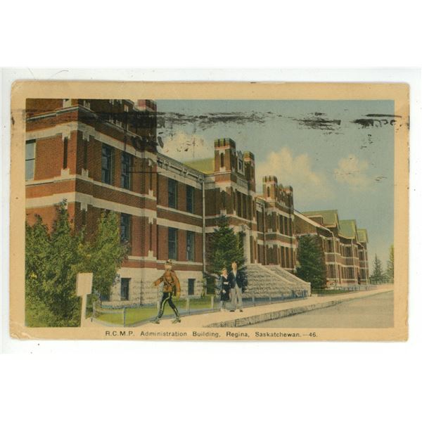 1942 Post Card – Image of RCMP building in Regina.  Sender writes about a trip to the salon