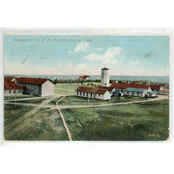 1908 Post Card – “Headquarters R.N.W.M. Police, Regina, Sask.”  Posted.