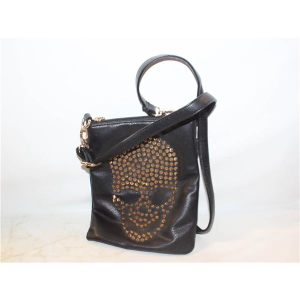SKULL BLACK LEATHER PURSE, 7.5"W X 9.5"H, 2 ZIPP