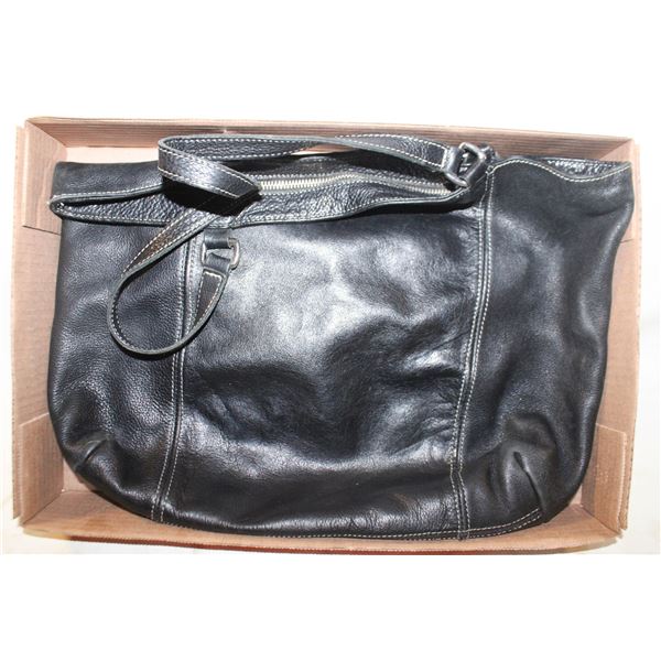 ROOTS BLACK LEATHER  PURSE, 16"W X 13"H, ZIPPER
