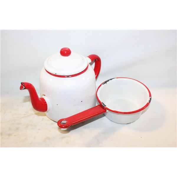 VINTAGE ENAMEL WHITE & RED TEAPOT & POT, 3 PIECES