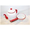 Image 1 : VINTAGE ENAMEL WHITE & RED TEAPOT & POT, 3 PIECES