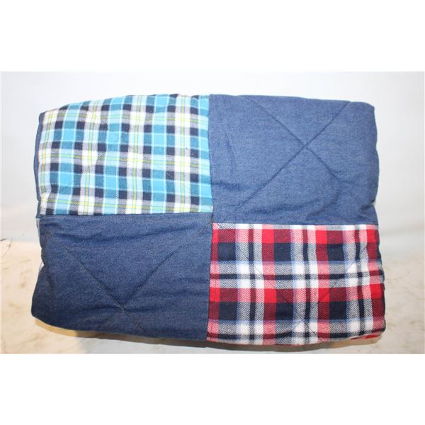 HOME-MADE BLUEJEAN & PLAID PATCHWORK QUILT 74"X50