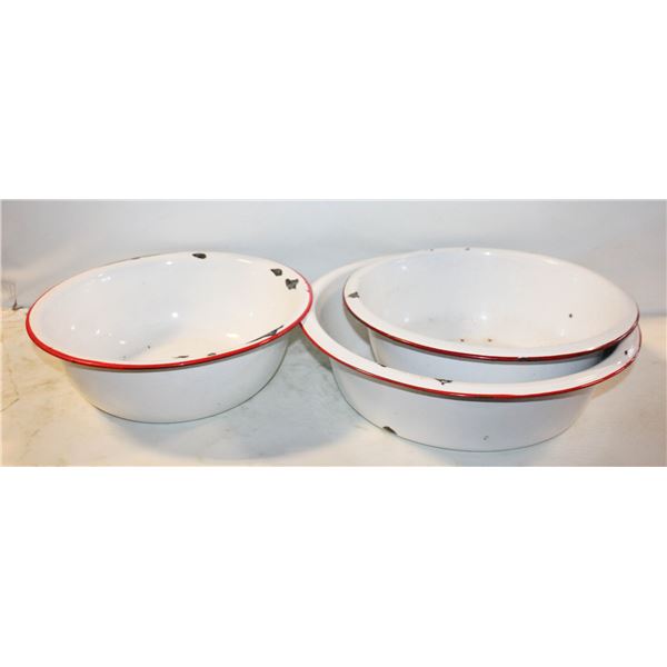 3 VINTAGE LARGE ENAMEL WHITE & RED BOWLS /