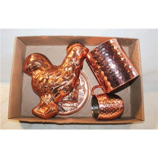 BRASS WALL HANGINGS, CONTAINER & MUG