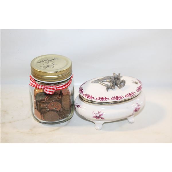JAR OF PENNIES, PEWTER FLORAL TOP LIDDED TRINKET