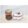 Image 1 : JAR OF PENNIES, PEWTER FLORAL TOP LIDDED TRINKET