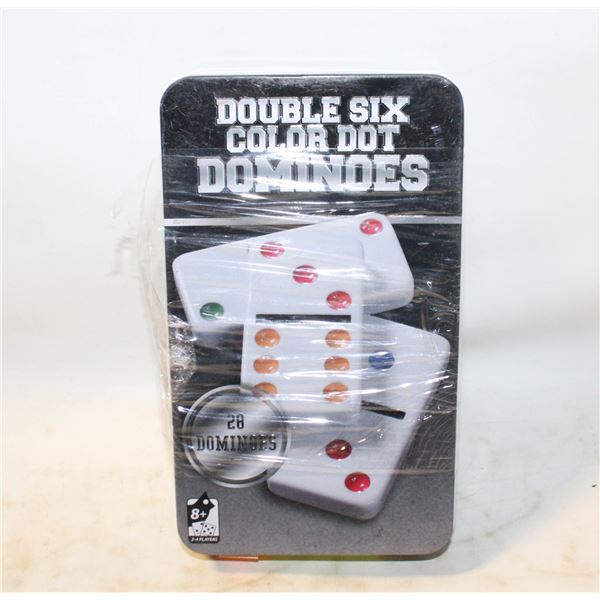 2 NEW TINS OF DOUBLE SIX COLOUR DOT DOMINOES