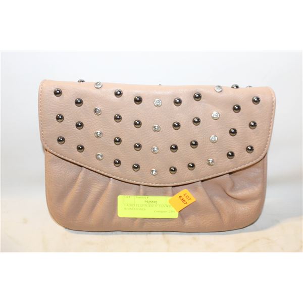 LADIES FLAP PURSE 9" TAN WITH RHINESTONES