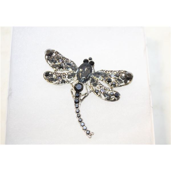 CRYSTAL RHINESTONE GREY & BLACK DRAGONFLY BROOCH