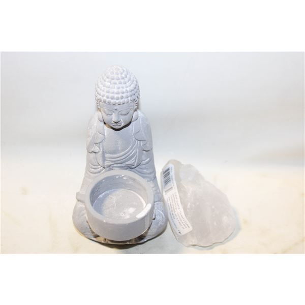 CLEAR QUARTZ ROCK CRYSTAL & BUDDA TEALIGHT HOLDER