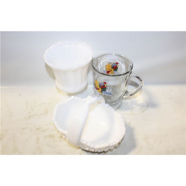 MILK GLASS VASE & CANDY DISH, WINNIE THE POOH MUG